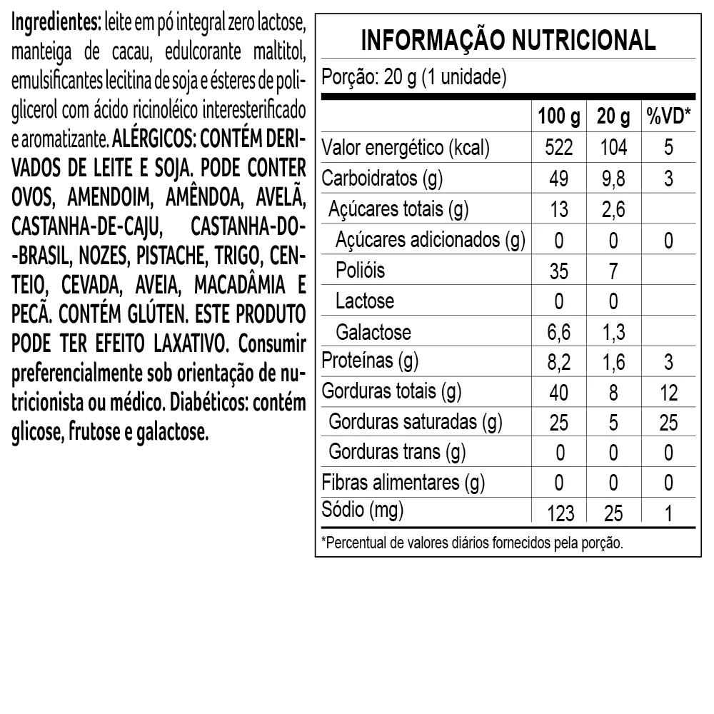 Tablete Bless Zero A&ccedil;&uacute;car e Zero Lactose de Chocolate Branco 20g, , large. image number 1