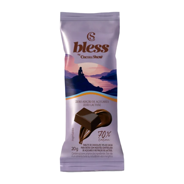 Tablete Bless Zero A&ccedil;&uacute;car e Zero Lactose de Chocolate 70% Cacau 20g