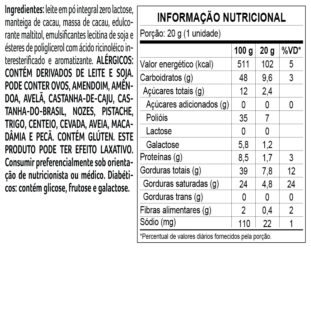 Tablete Bless Zero A&ccedil;&uacute;car e Zero Lactose de Chocolate ao Leite 20g, , large. image number 1
