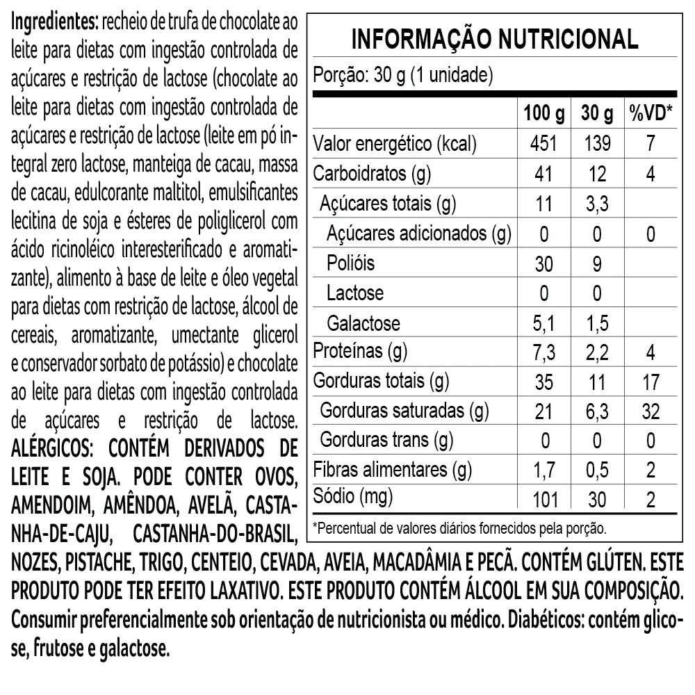 Trufa Bless Zero A&ccedil;&uacute;car e Zero Lactose de Chocolate ao Leite 30g, , large. image number 1