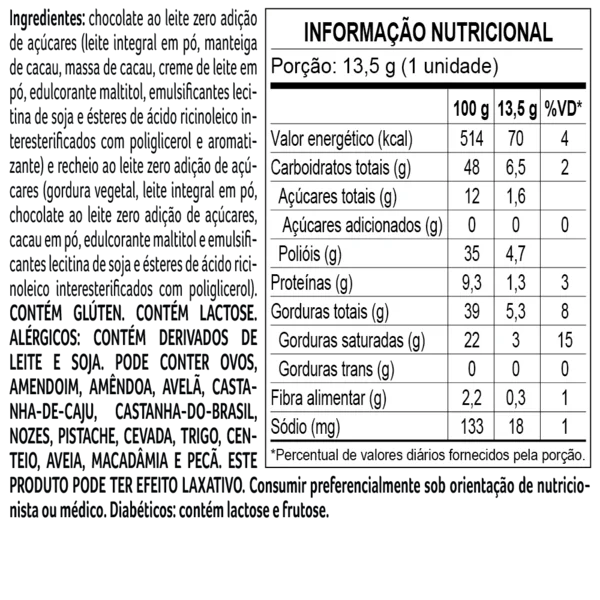 Bombom Bless Zero Adi&ccedil;&atilde;o de A&ccedil;&uacute;car ao Leite 13,5g, , large. image number 1