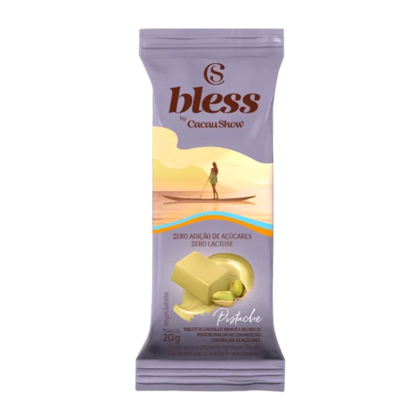 Tablete Bless Zero A&ccedil;&uacute;car e Zero Lactose de Chocolate Branco com Pistache 20g