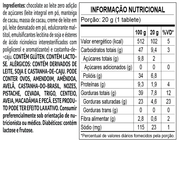 Tablete Bless Zero Adi&ccedil;&atilde;o de A&ccedil;&uacute;car Castanha de Caj&uacute; 20g, , large. image number 1