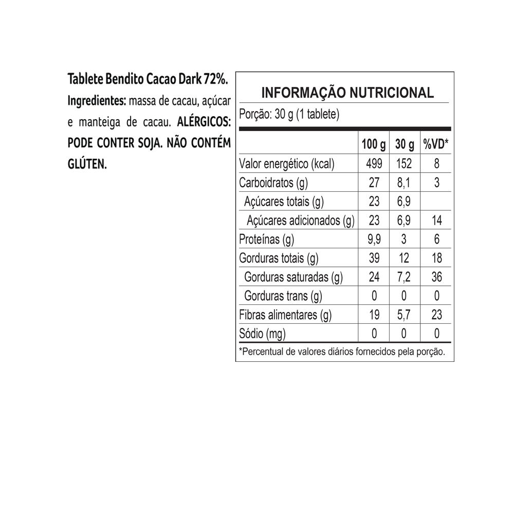 Tablete Bendito Cacao de Chocolate 72% Cacau 30g, , large. image number 1