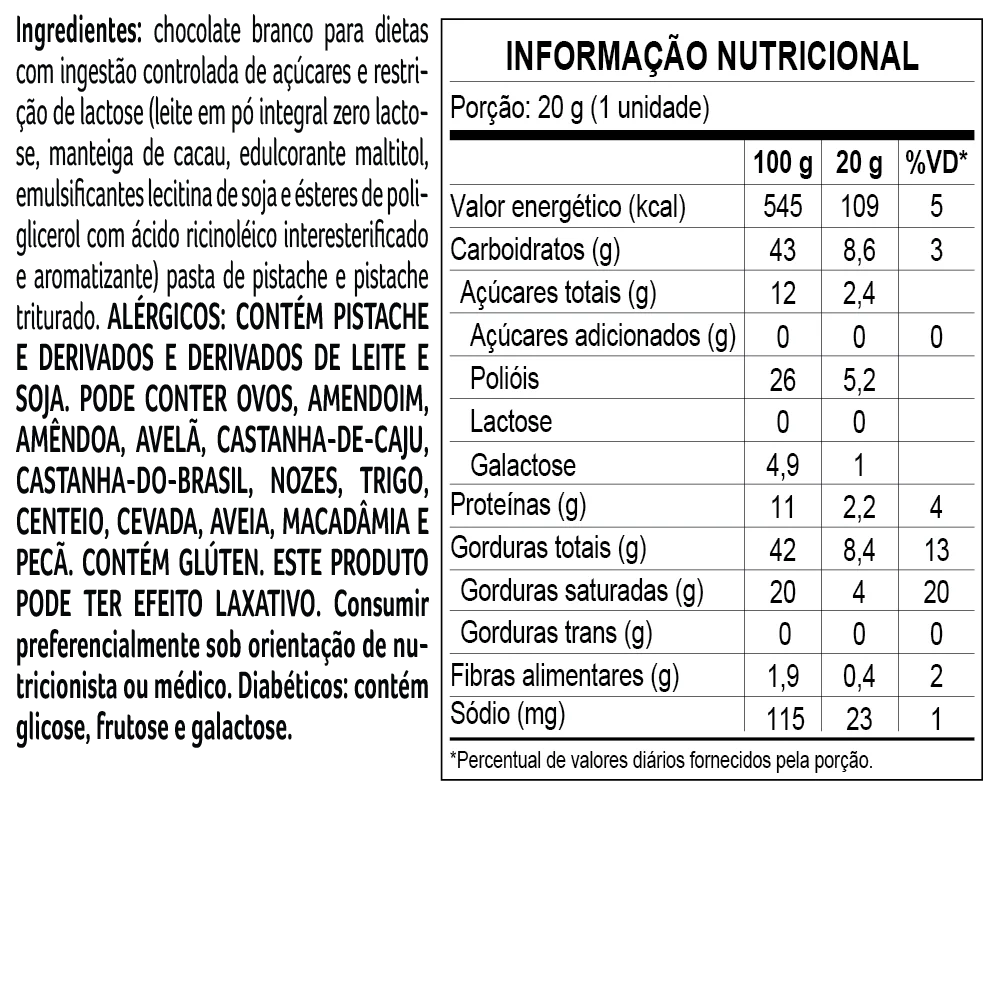 Tablete Bless Zero A&ccedil;&uacute;car e Zero Lactose de Chocolate Branco com Pistache 20g, , large. image number 1