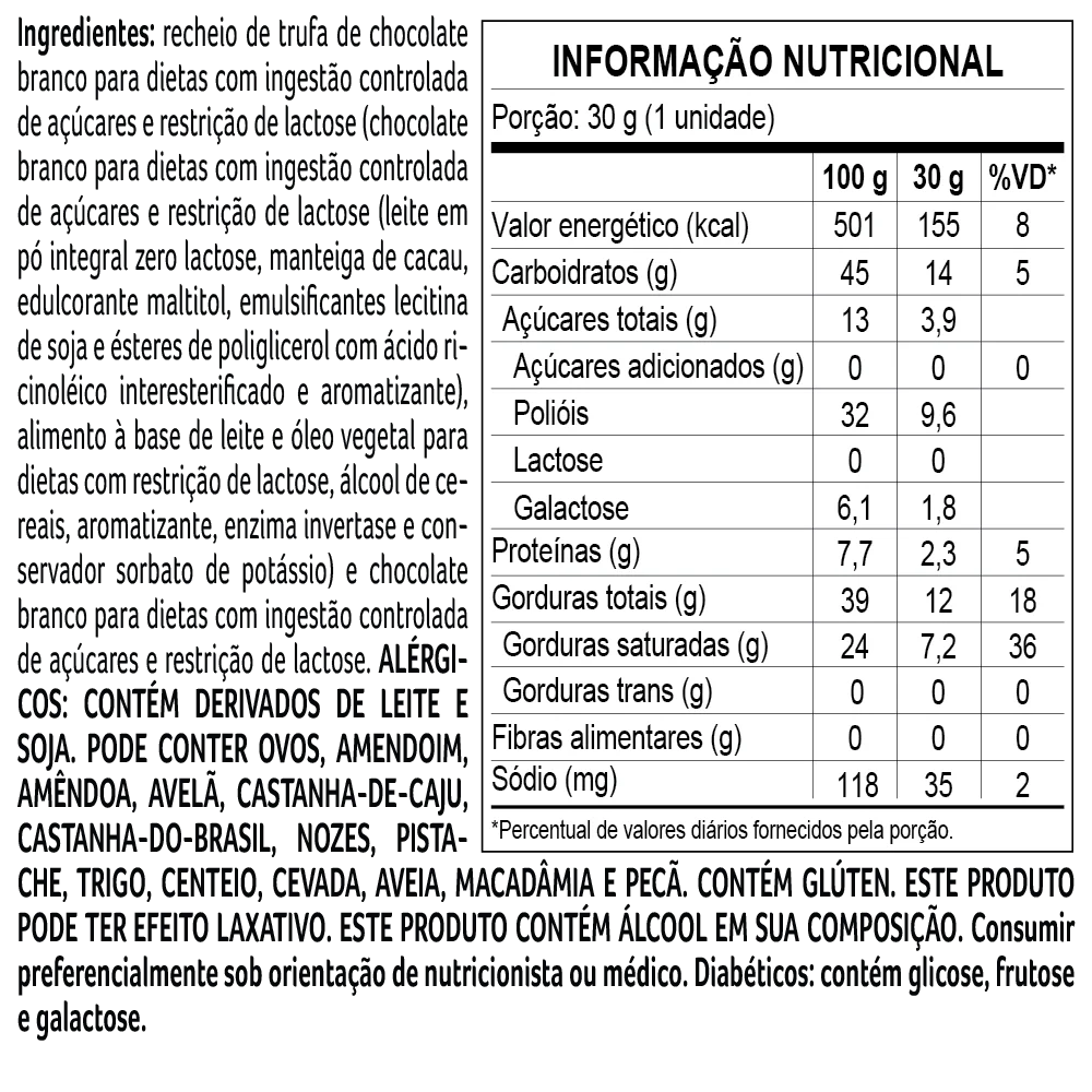 Trufa Bless Zero A&ccedil;&uacute;car e Zero Lactose de Chocolate Branco 30g, , large. image number 1